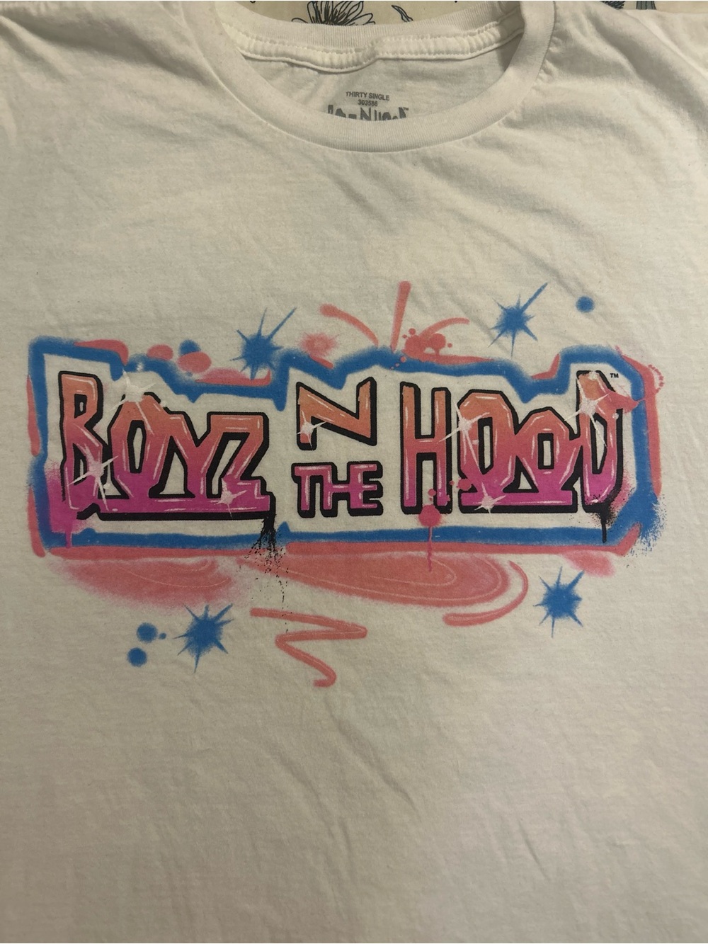 Boyz N The Hood Graphic Short Sleeve Tee in White with Pink & Blue Print